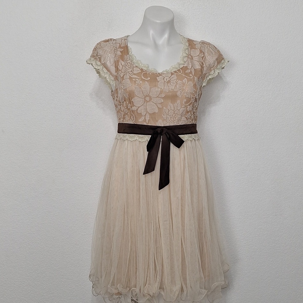 Ryu NEW Cream Brown Coquette Front Bow Feminine Mesh Overlay Dress Size M
